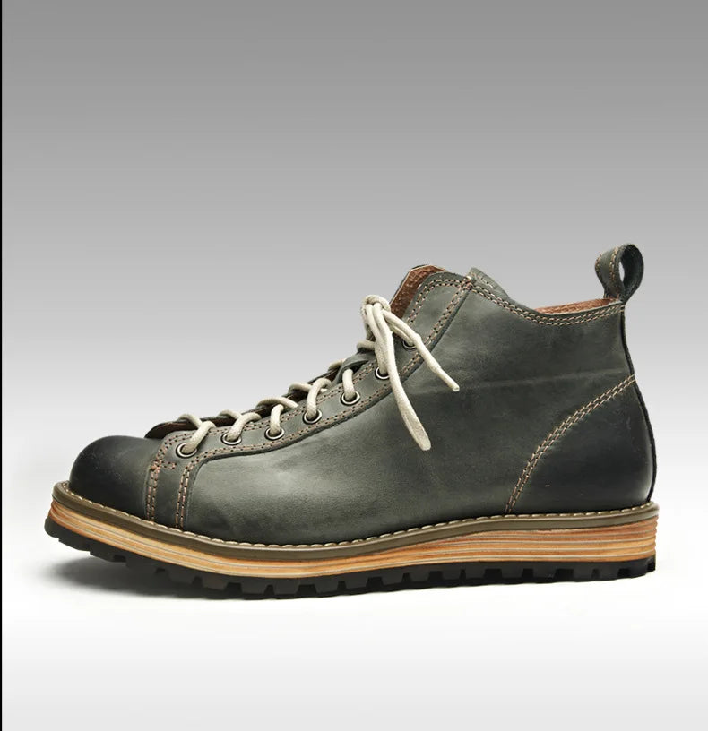 KOWM Hiking shoes men's walking boots British thick soled cowhide high top motorcycle boots ankle sneakers  casual trekking shoe