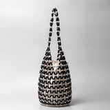 Women Woven Hand Bag Summer Design Hollow-out Wooden Bead Tote Bucket Shoulder Bag Female Reticulate Netted Canvas Beach Handbag