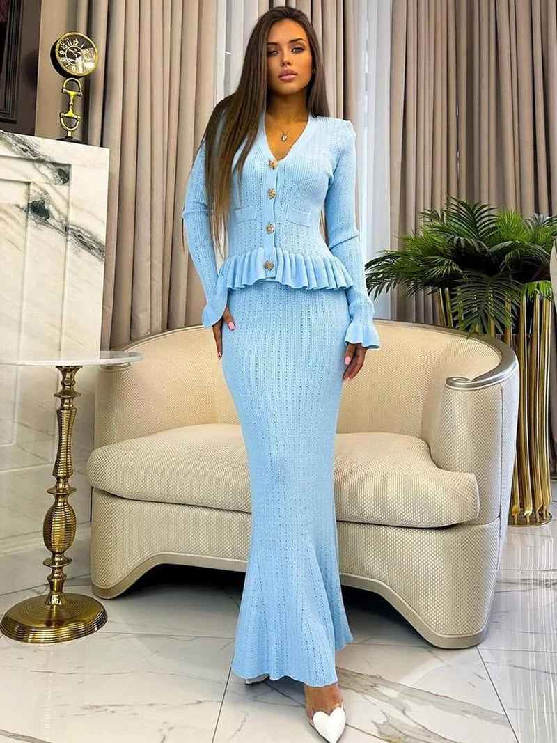 Elegant V-Neck Knit Mermaid Skirt Set