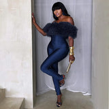 Elegant Off-Shoulder Fur Jumpsuit - Luxury Bodycon Party Wear