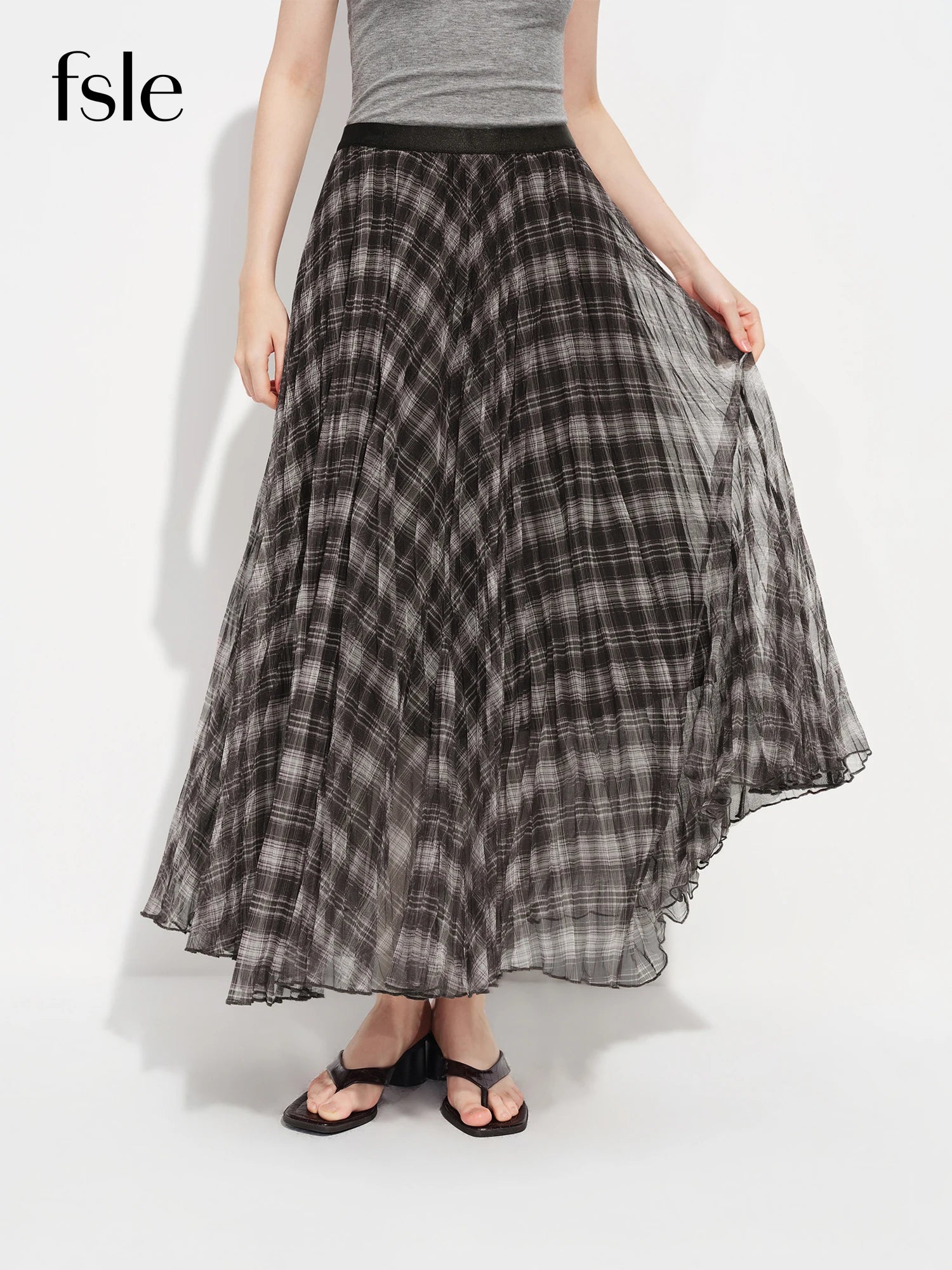 FSLE Retro Plaid Mesh A-line Skirt for Women New Spring Style for 2026 Flowing Draped Skirt Ankle-length Streetwear Citywalk Ins