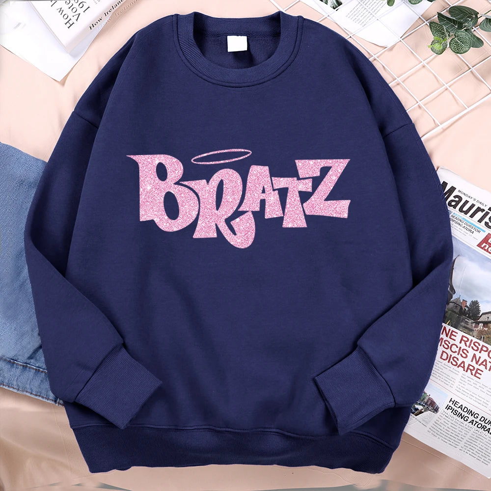 Pink Cartoon Letters Bratz Print Sweatshirts Mens Casual Fleece Clothes Creativity Warm Hoodie Autumn Loose Streetwear Pullover