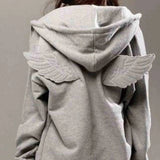 Women Grey Angel Wing Embroidered Hoodie Cute Kawaii Pullover Sweatshirt Wing Decoration Back Y2K Street Harajuku Loose Pullover