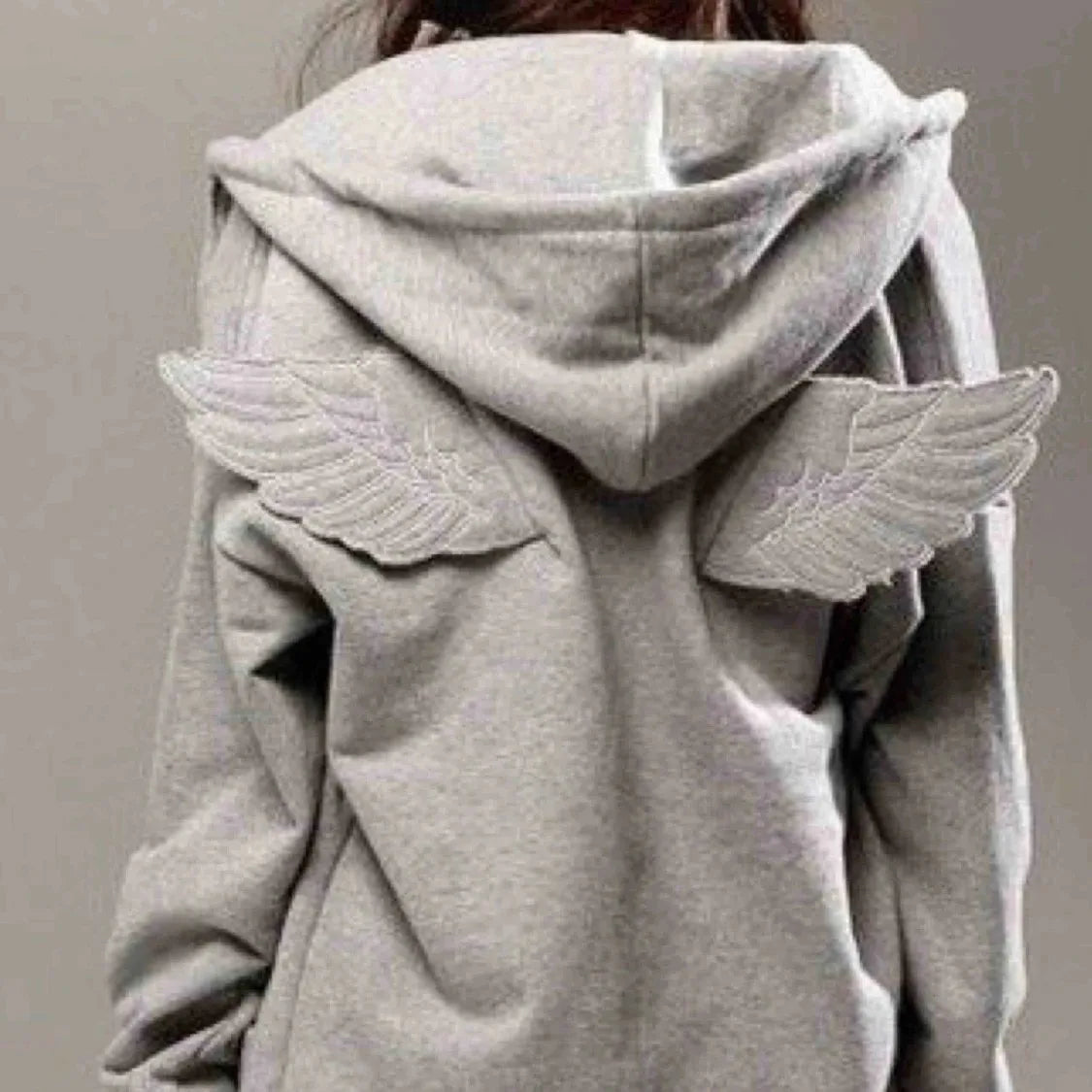 Women Grey Angel Wing Embroidered Hoodie Cute Kawaii Pullover Sweatshirt Wing Decoration Back Y2K Street Harajuku Loose Pullover