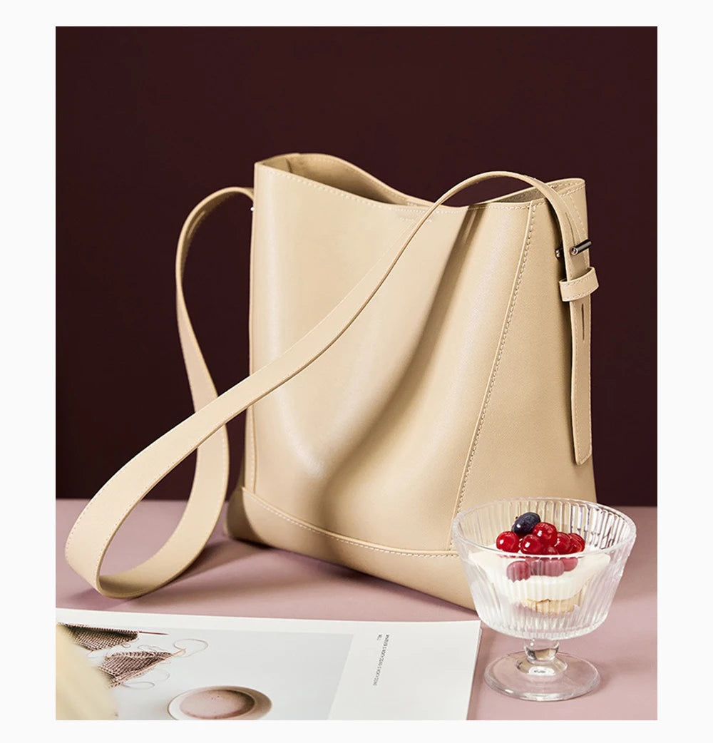 Zency New 2026 TrendyTwo Layer Cow Leather Shopper Shoulder Bag Commuter Large Bucket Handbag Simple High Quality Women Tote Bag