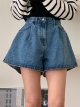 High-Waist Washed Denim Wide-Leg Shorts -Made Casual Blue Jean Shorts
