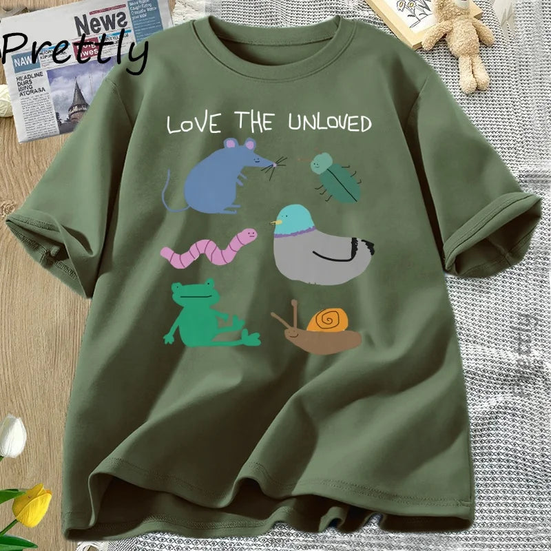 Love The Unloved Men Women T Shirt Funny Animal Pigeon Rat Frog T-shirt Loose Unisex Short Sleeve Tshirt Cotton Tees Streetwear