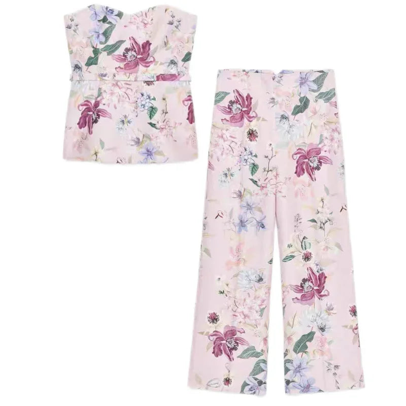 Floral Strapless Vest & Straight-Leg Trouser Set