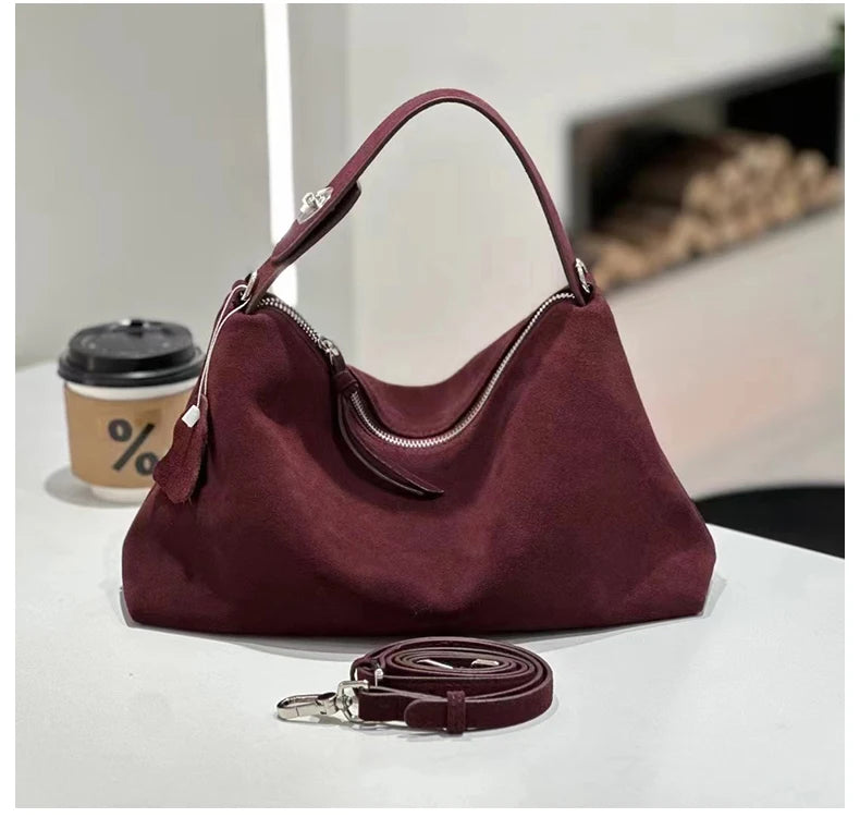 Russian Women's Genuine Suede Cowhide Leather Shoulder Bag Retro Frosted Cow Large Capacity Versatile Commuting Luxury Designer