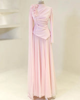 Customized Formal Women Chiffon Handmade Flower Ruched A-Line Evening Dresses Classic Arabic High Collar Long Sleeves Party Gown