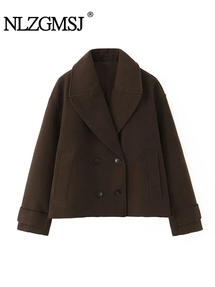 NLZGMSJ Vintage Casual Chic Women Overcoat Solid Pockets Double-breasted Short Coat New Fashion 2025 Winter Holiday Coats