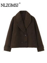 NLZGMSJ Vintage Casual Chic Women Overcoat Solid Pockets Double-breasted Short Coat New Fashion 2025 Winter Holiday Coats
