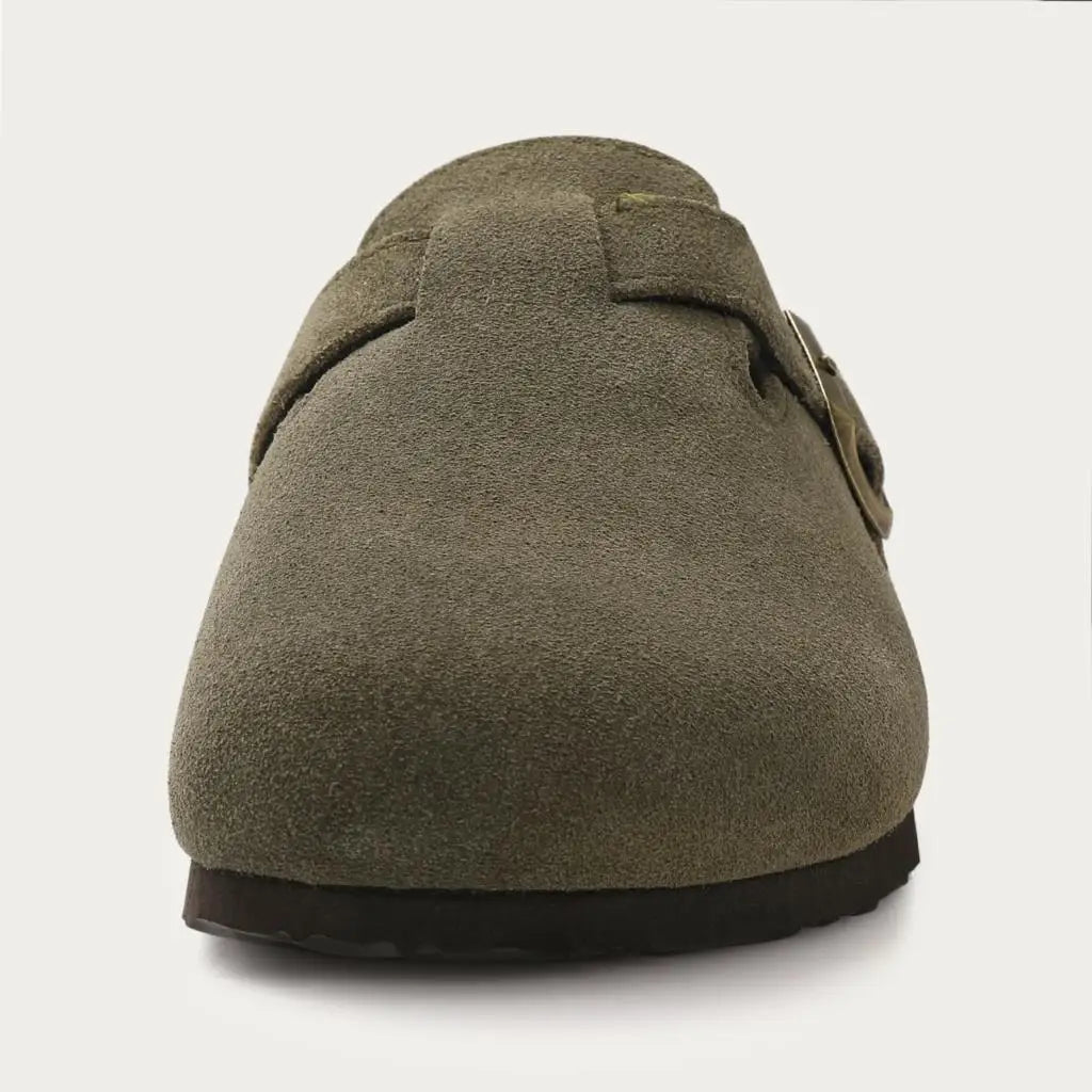 Evshine Men's Suede Clogs Fashion Leather Mules Cozy Footbed Slippers With Adjustable Buckle AntiSlip Cork Slippers Unisex Mules