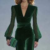 Deep V-Neck Velvet Jumpsuit – Elegant High-Waist Mesh Long Sleeve Romper