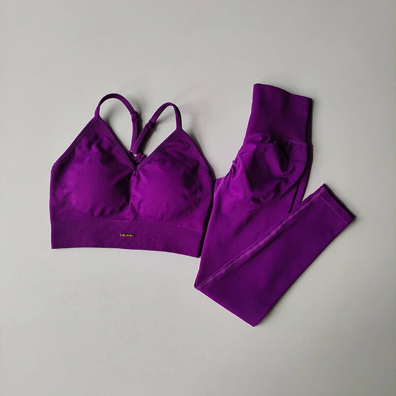 Seamless V-Neck Yoga Set – High-Waist Hip Lifting Fitness Leggings & Bra
