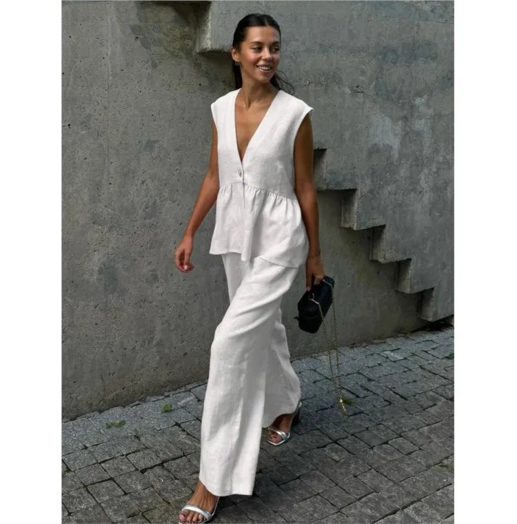 Fashion Women's Trouser Suits Sleeveless V-Neck Top Women Casual Straight Pants Sets Summer Women's Suit Commuter 2 Piece Set