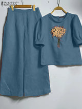 Floral Embroidery Linen-Style 2-Piece Set