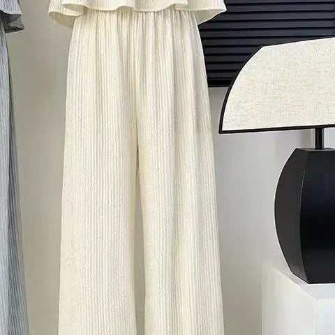 Faionable round Ne Svel Top High Waist Straight Leg Pants Women's Summer New Sle Korean Version Two-Piece Set