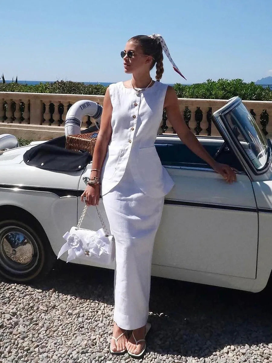 Bornladies Women's Sleeveless Vest High Waisted Skirt Set Spring Summer New Linen Casual Suit Fashion Office Lady Vest Set