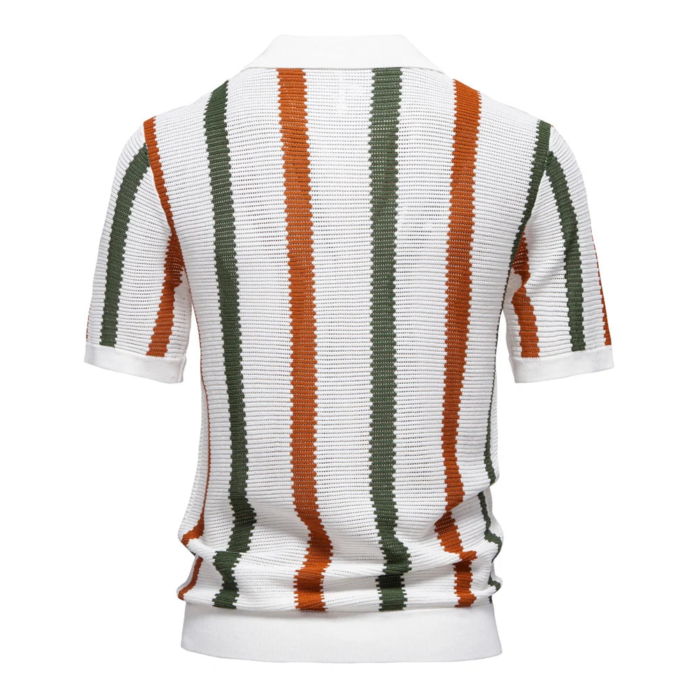 Men's Ribbed Knit Polo Shirt – Breathable Striped Style