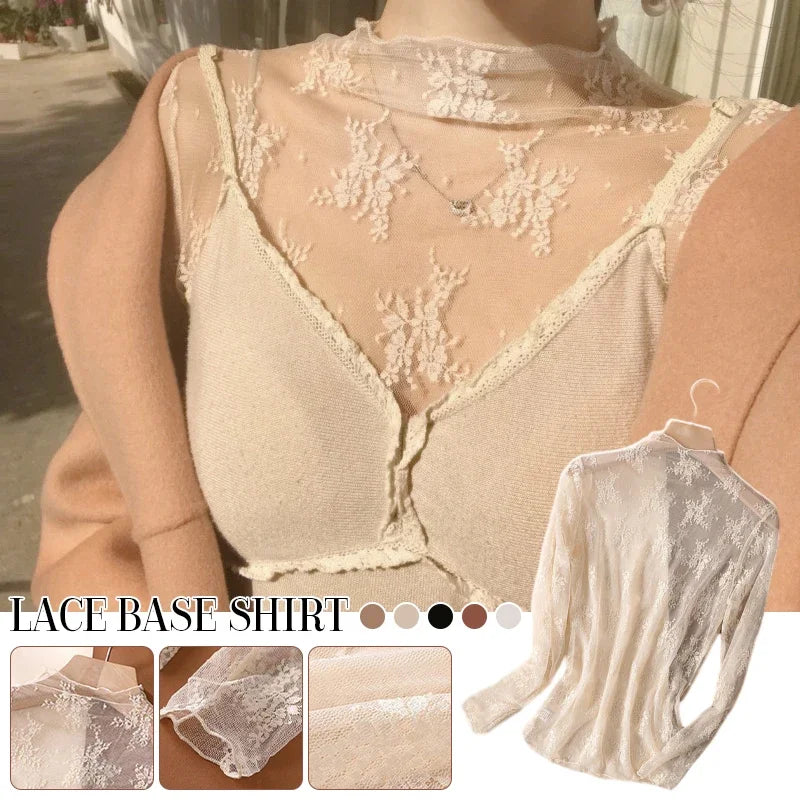 Women’s Floral Lace Mesh Mock Neck Long Sleeve Top