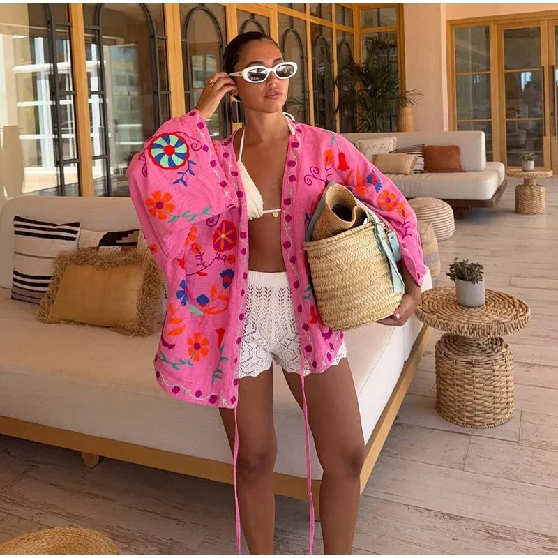 Chic Embroidered Women's Jacket – V-Neck Lace-Up Coat