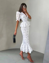 Women Elegant Printed V-neck Dress Chic Lapel Waist Cinched Pleated High Waisted Dresses 2026 Summer New Lady Vacation Gowns