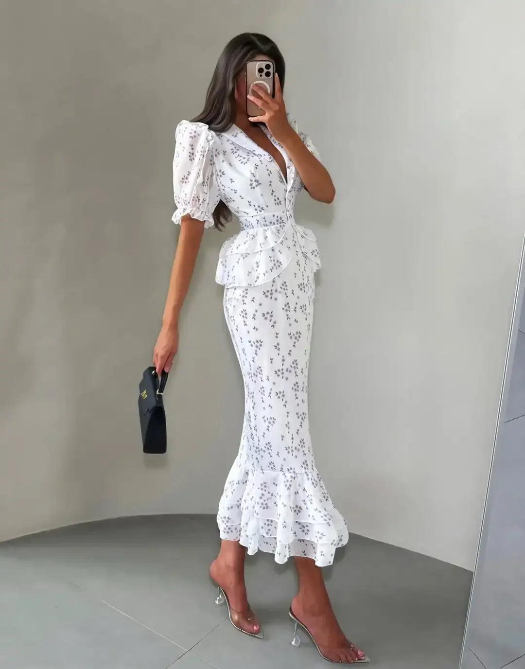 Women Elegant Printed V-neck Dress Chic Lapel Waist Cinched Pleated High Waisted Dresses 2026 Summer New Lady Vacation Gowns