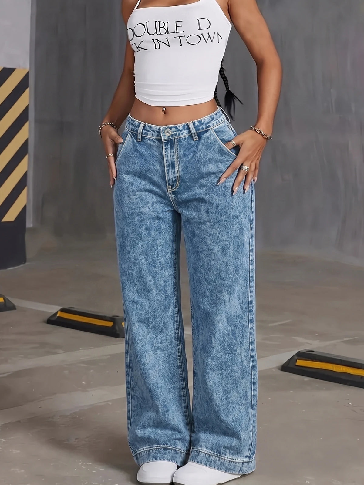 Women's High Waist Wide Leg Heart Pocket Jeans
