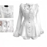 Japanese Y2K Aesthetics Vintage Bow Dress Shorts Set Women Gothic Lolita Style Long Sleeve Shirt Dress Elegant Party Dress Suits