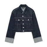 Vintage Denim Blue Jacket – Chic Single-Breasted Outfits with Pockets