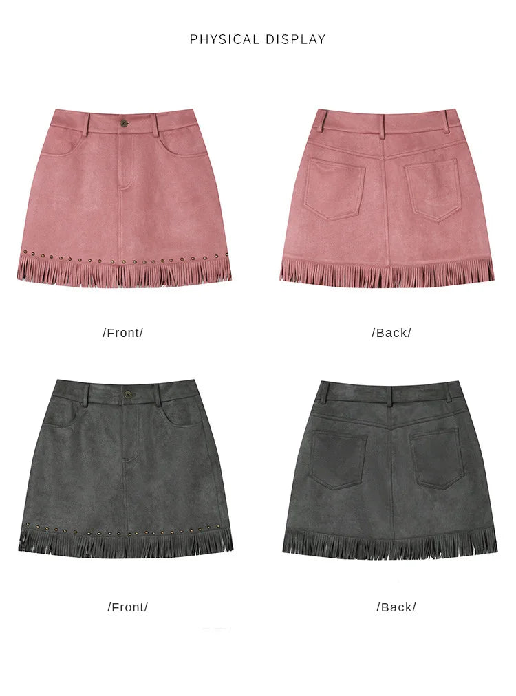 LOUIS YAO Tassels Rivet A-line Half Skirt 2025 Autumn Short Skirts Fashionable and Gentle Casual  Women's Half Skirt