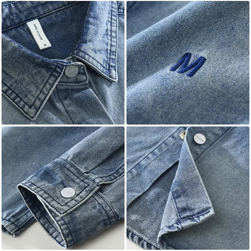 2025 Autumn New Letter-embroidered Vintage Washed Long Sleeve Denim Shirt for Men Clothing Cotton Versatile Streetwear CM7738
