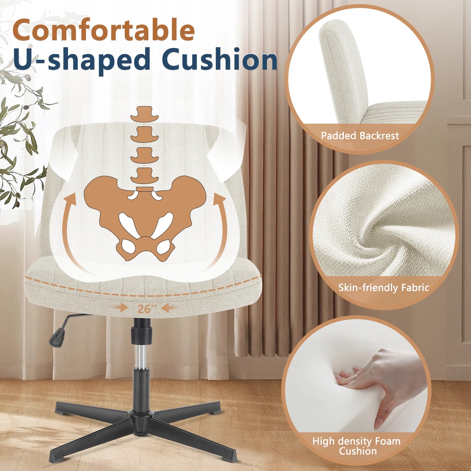 JHK Armless Wide Swivel Chair – Cross-Legged Comfort Seat