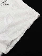Oymimi Summer White Cotton 2 Piece Sets Women Outfit Casual Jacquard Button Wrist Sleeve Shirts And High Waist Shorts Female Set