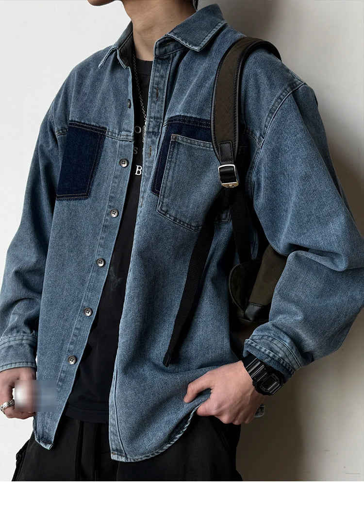 Mens High Quality Custom Weave Slub Deconstructed Patchwork Denim Shirt Trendy Distressed Wash Streetwear Casual Long Sleeve