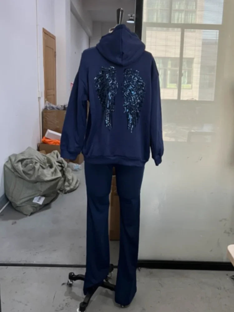Trendy Creative Hooded Sweatshirt Wing Patterns Chic Designed Fashion Casual Long Sleeved Tops Versatile Women's Autumn Wear