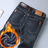 2025 Winter Men's Large Plush Thick Jeans Fashion Casual Versatile Business Jeans Warm and Cold Resistant Black Blue Denim Pants
