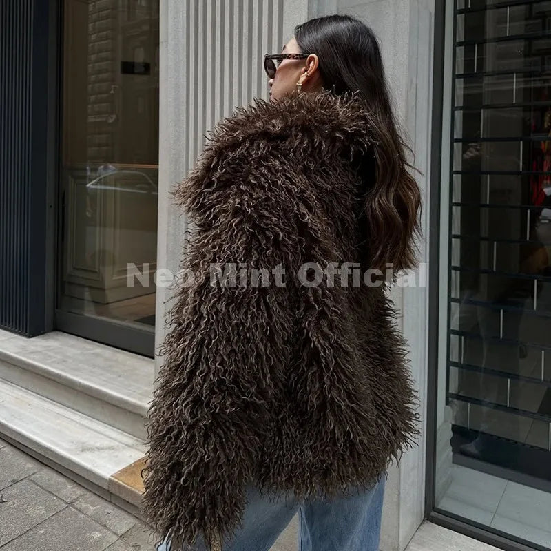Lulicore Women’s Chic Brown Faux Fur Jacket – Premium Warm Autumn/Winter Overcoat