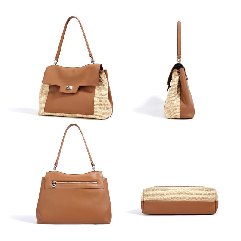 Summer 2026 Women's Raffia Woven Tote Bag Split Leather Crossbody Straw Messenger Bag Grass Weaving Shoulder Bag for Ladies New