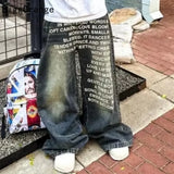 2025 American Fashion Jeans Letter Printing Pattern High Street Casual Wide Legs Y2K Men's Retro Gothic Trendy Casual Pants