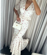 Women White Pink Floral Print Fishtail Skirt Set Chic V Neck Puff Sleeve Ruffle Button Crop Top Suit Elegant Lady Wedding Outfit