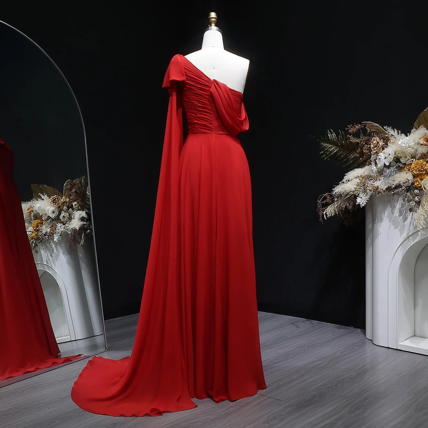 Sharon Said Red Off-Shoulder Satin Evening Gown with Bow Cape