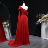 Sharon Said Red Off-Shoulder Satin Evening Gown with Bow Cape