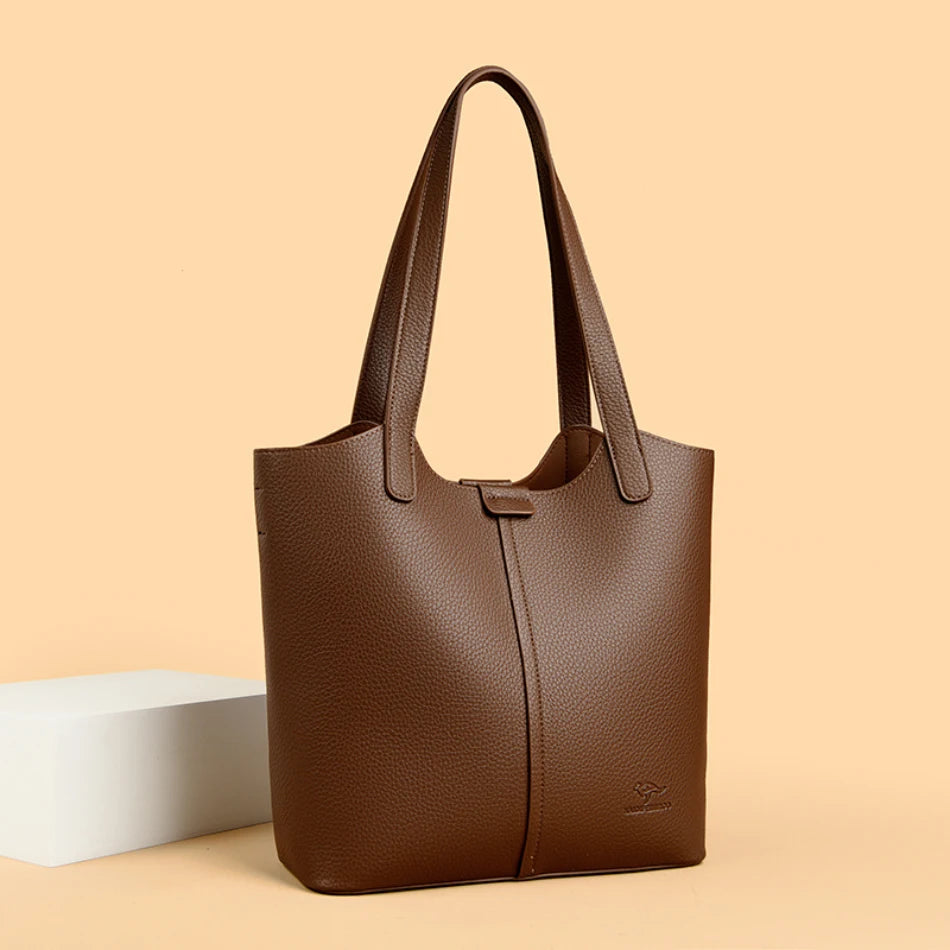 Genuine Brand Soft Leather Shoulder Bag For Women Casual Tote Bag Female Solid Color Purse Simple Design Handbag Commuting Sac