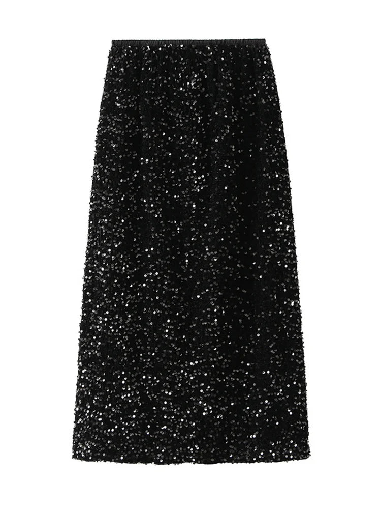 High Waisted Sequin Maxi Skirt Women Elegant Shiny Straight Skirts With Slit Summer Spring Black Long Sequin Skirt For Women