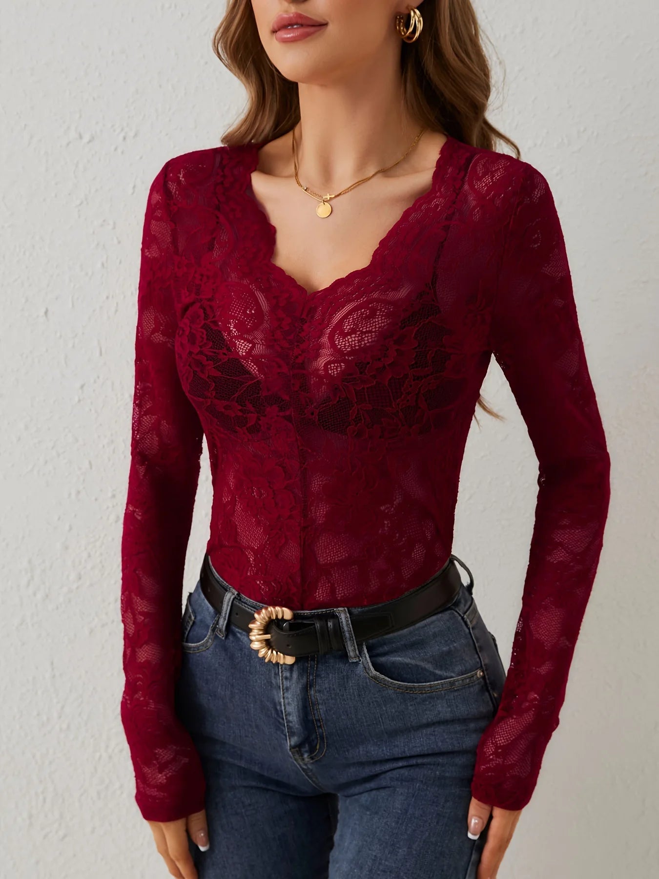 Elegant Floral Lace V-Neck Top