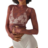 Floral Lace Sheer Mesh Long Sleeve Top