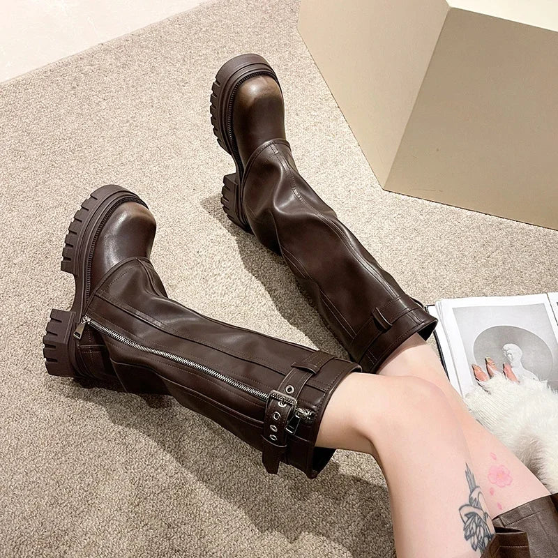 Women's Biker Boots – Belt Buckle Platform Mid-Calf