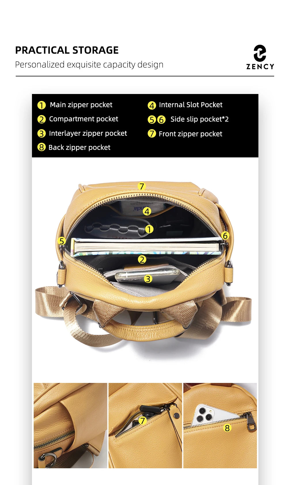Zency Soft Genuine Leather Women Small Casual Backpack Travel Rucksack Shoulder Bag Purse Preppy Style Mochila 2025